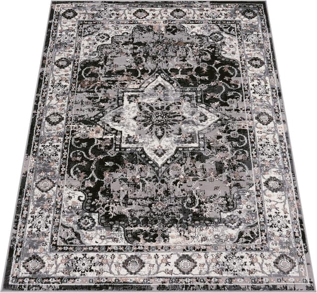 Detalle de Paco Home Tapis de salon à poil ras noir 60 x 100 cm, motif oriental floral avec bordure