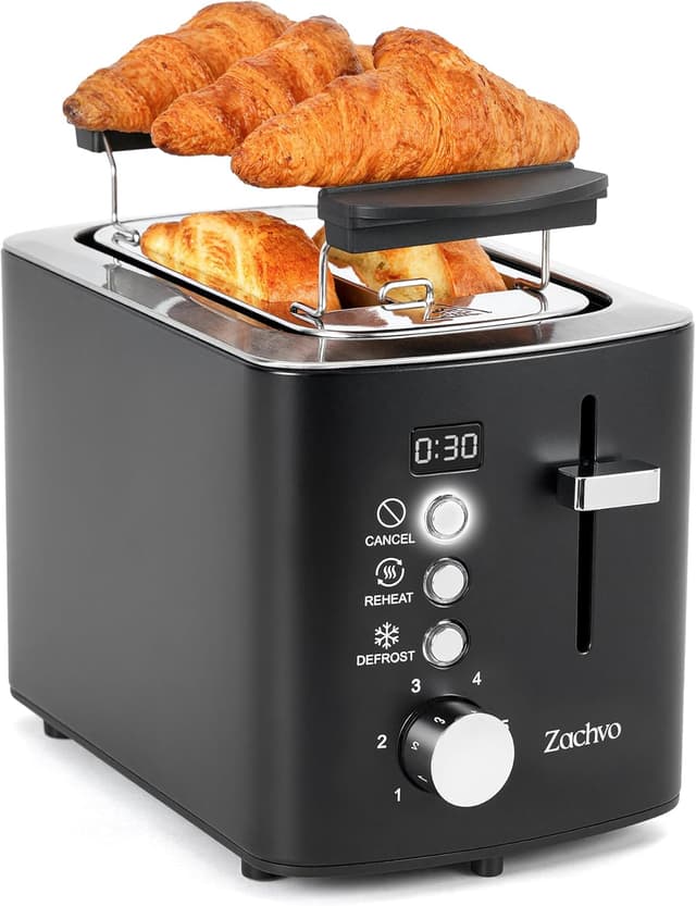 Detalle de Edelstahl 2-Scheiben-Toaster mit LED-Countdown & Brötchenaufsatz – extra breite 3,5 cm Schlitze, 6 Bräunungsstufen (mattschwarz)