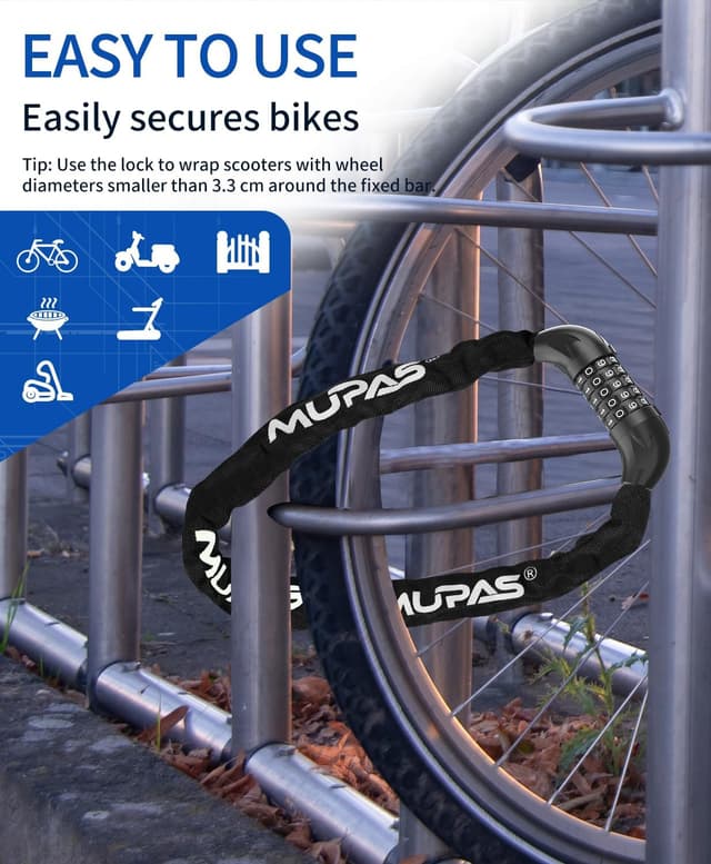 Detalle 2 de MUPAS Fahrrad-Zahlenschloss mit 5-stelligem Code und gehärtetem Stahl (Kettenschloss)