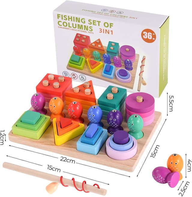 Detalle 2 de Hoiloie Montessori-Spielzeug ab 1 Jahr (3-in-1) aus Holz: Farb- & Formsortierer, Stapelspiel und Angelspiel mit 28 Klötzen