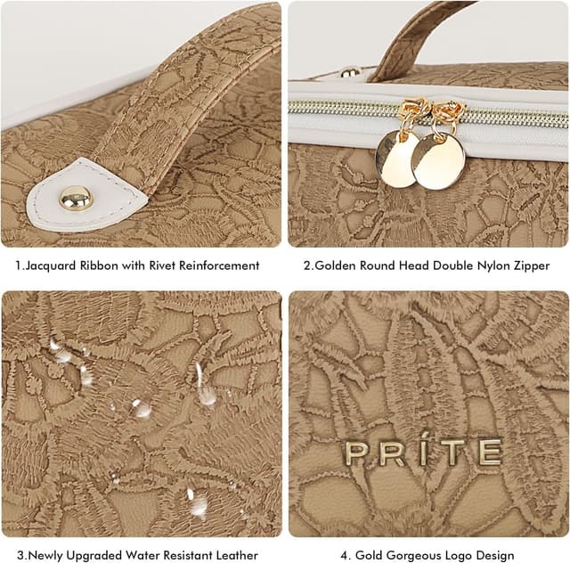 Detalle de Prite Große Kosmetiktasche mit großer Kapazität (23,5 × 12,5 × 12,5 cm), wasserdichtes PU-Leder, 180°-Öffnung