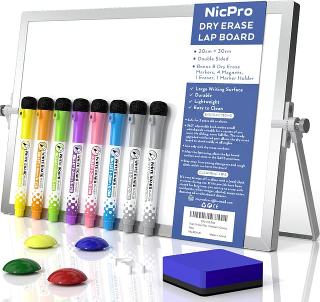 Detalle de Nicpro Dry Erase Mini Whiteboard A4 (20 x 30 cm) – Double Sided Magnetic Desktop Board with Stand