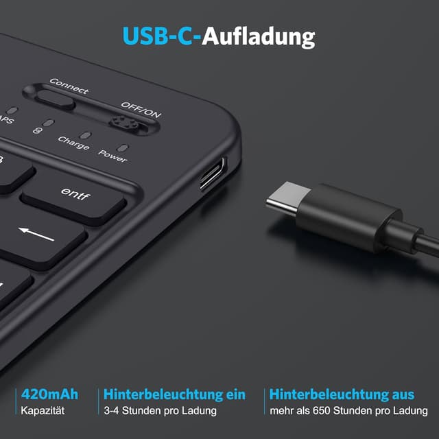Thumbnail 6 de Emetok deutsche Bluetooth Tastatur – kabellos, wiederaufladbar, 7-farbige Hintergrundbeleuchtung, schwarz