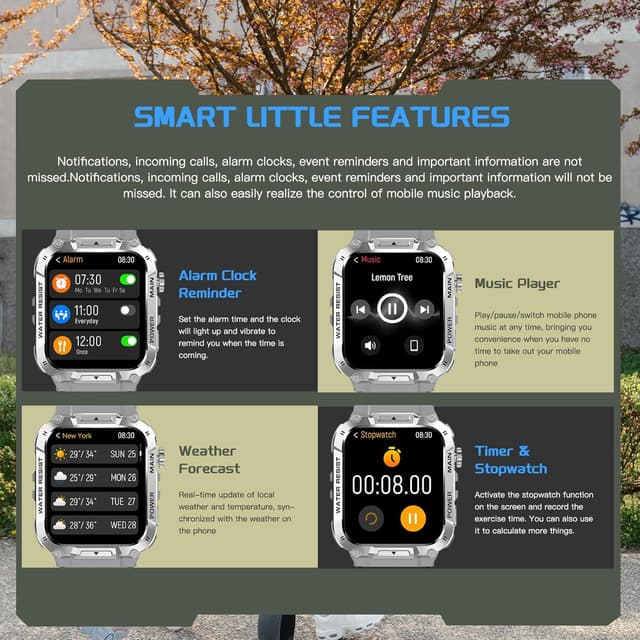 Detalle de Military Smart Watch for Men with Call Function (Gray) – Waterproof fitness tracker for Android & iPhone