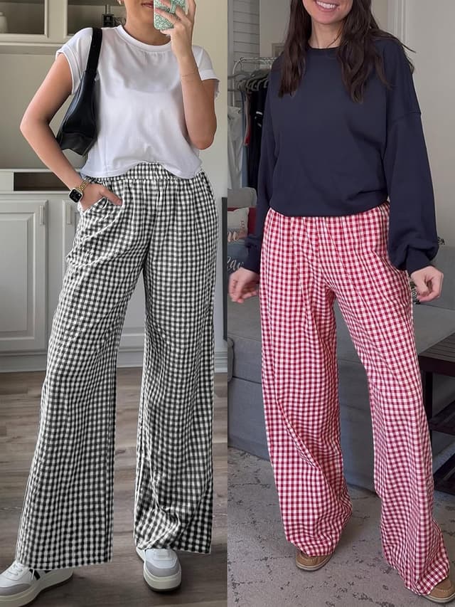 Detalle 2 de ANRABESS Women’s Gingham-Check Palazzo Pajama Pants with High-Waist Smocked Elastic Waist