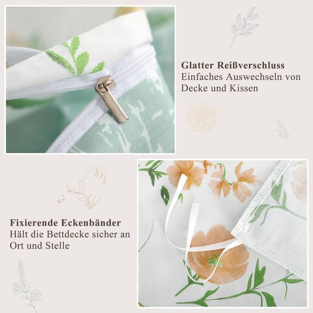 Thumbnail 6 de Aisbo Bettwäsche 135x200 4teilig Baumwolle Grün Blumen Muster