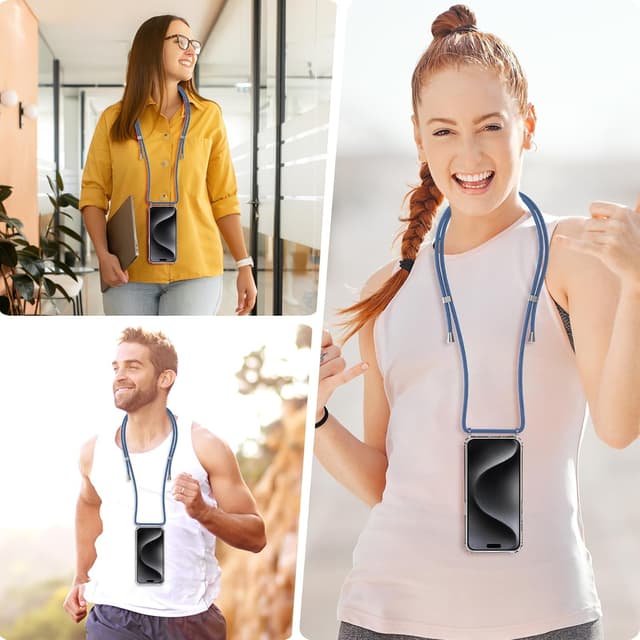 Detalle de OLEPHY Cover trasparente con cordino per iPhone 15 Pro Max 6,7" con tracolla regolabile antiurto e anti-graffio, blu