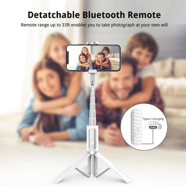 Detalle 2 de ATUMTEK Selfie Stick Tripod 3-in-1 with Detachable Bluetooth Remote (Extendable Aluminium, White)
