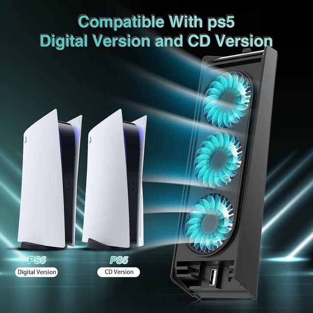 Detalle de QYCHHJ Cooling Fan for PS5 (Black) with LED Light and 3.0 USB Ports