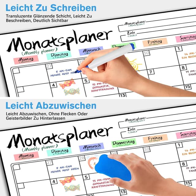 Detalle de Prelisee 4er Set Magnetischer Whiteboard-Wochenplaner (bilingual DE/EN) für Kühlschrank, 42×30 cm