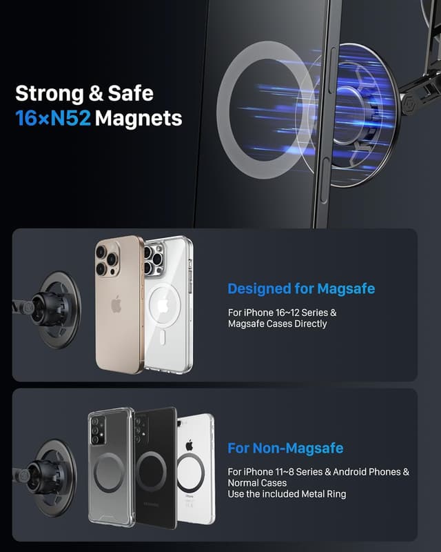 Detalle 2 de YOSH 2026 Auto-Vacuum Lock Magnetic Phone Holder with 3-axis Flex Arm for MagSafe & All Phones