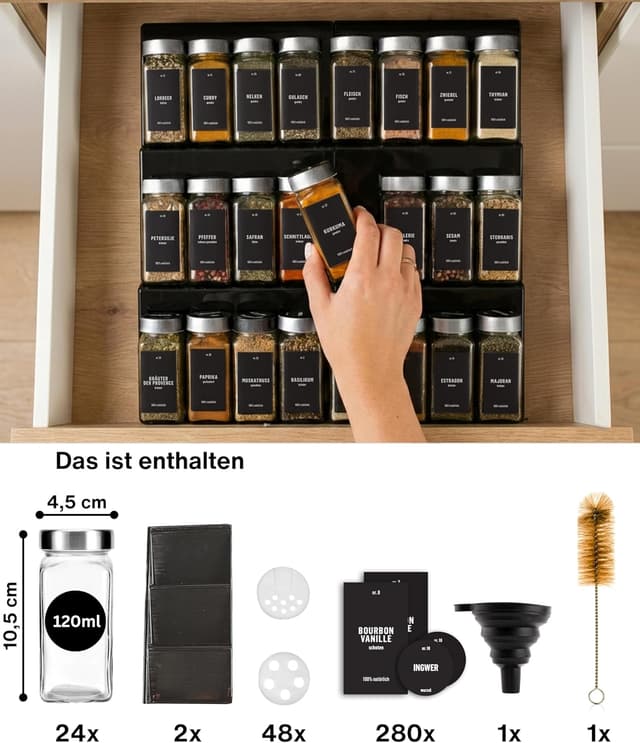 Detalle de Deco haus Gewürzregal mit 24 Gläsern – ausziehbarer Gewürz-Schubladeneinsatz mit Etiketten