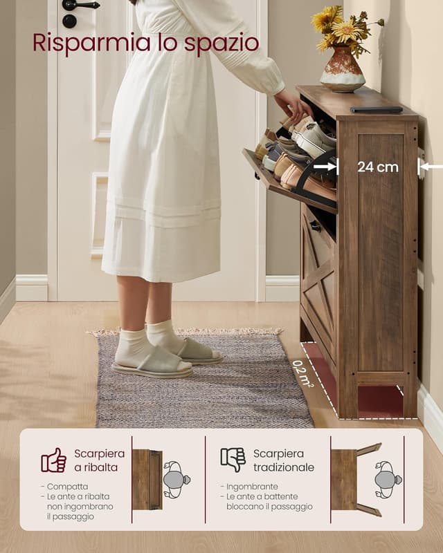 Detalle de VASAGLE LIRY HSC201K01 scarpiera slim a ribalta con 2 scomparti, stile farmhouse in marrone miele