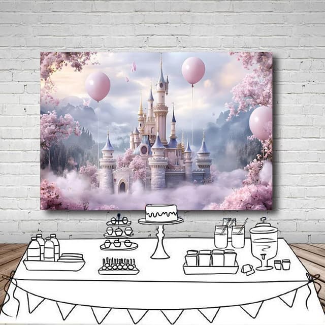 Detalle de MEHOFOND 7x5ft Girls Birthday Backdrop Pink Balloon Floral Castle Cloud Photography Background