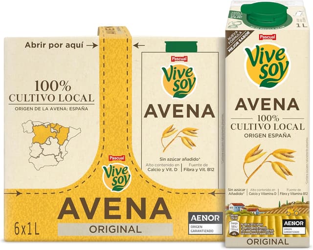 Detalle de Vivesoy Bebida Vegetal de Avena Sin Azúcar 100% Cultivo Local (Pack 6 x 1L)