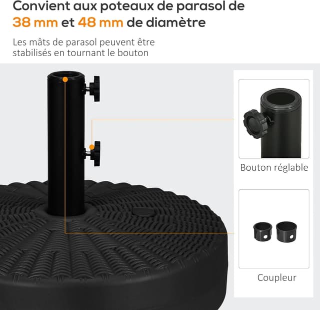Detalle de Outsunny Pied de parasol HDPE à remplir d’eau ou de sable pour mât 38/48 mm (Ø51 x 36 H cm) noir