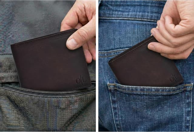 Detalle de Oak Leathers brown leather bi-fold wallet for men with 9 card slots and RFID blocking