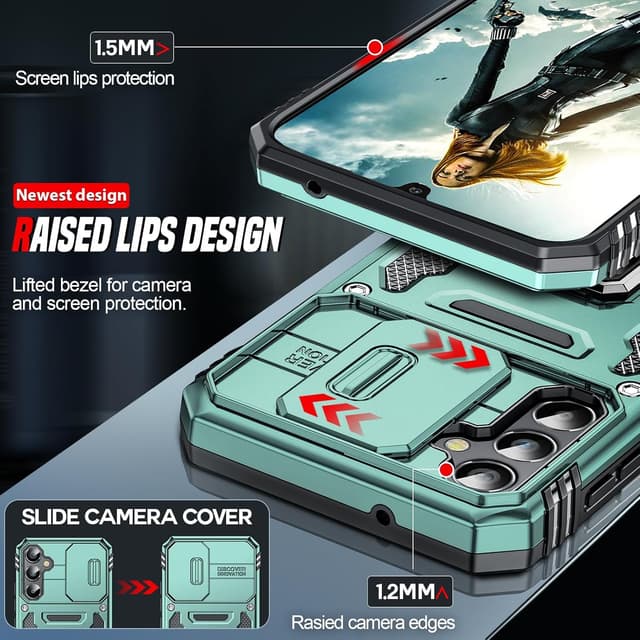 Detalle de LeYi Samsung Galaxy A34 5G Case with rotating kickstand, sliding camera cover and screen protectors (Light Green)