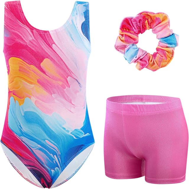 Detalle de XiaoMoSha girls’ three-piece gymnastics leotards set (sleeveless leotard, shorts and hairband), ages 3–12