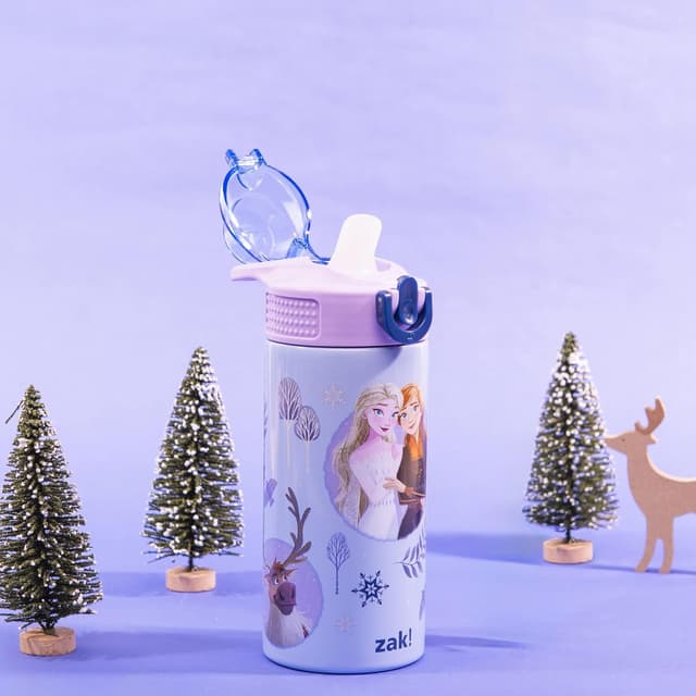 Detalle de Zak Designs Disney Frozen Sage Kids Water Bottle (14oz) — Stainless Steel Straw Bottle With Handle & Leak-Proof Pop-Up Cover