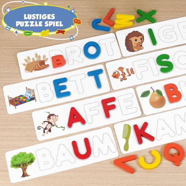 Detalle de Joozmui Buchstaben-Lernspiel (ab 3–8 Jahre) mit Wortkarten und Buchstabenblöcken für Mädchen und Jungen
