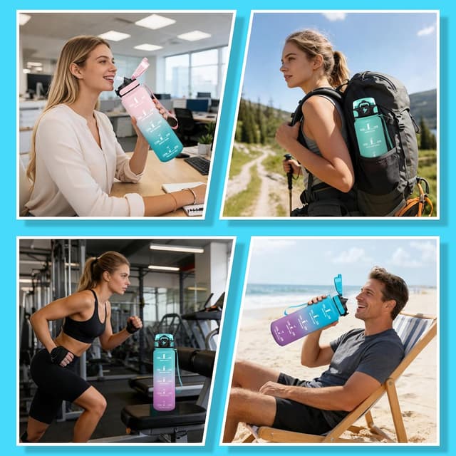 Detalle 2 de Motswedi Gourde 1 l à paille étanche avec repères et marqueur de temps (bleu&violet)