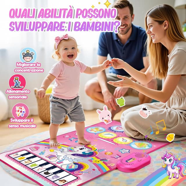 Detalle 2 de Dromlag Giochi Bambina 1 Anno – tappeto musicale 3 in 1 con 6 strumenti, registrazione e unicorno