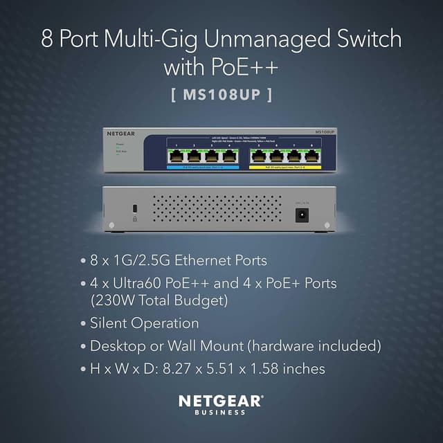 Detalle de NETGEAR MS108UP 8-Port 2.5G Multi‑Gigabit PoE++ Switch (Ultra60, fanless, ProSAFE)