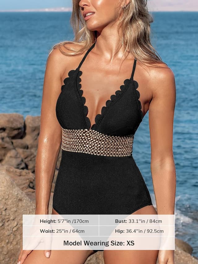 Detalle de CUPSHE Costume da bagno intero da donna Halter Back Tie smerlato con scollo a V e cuciture a contrasto