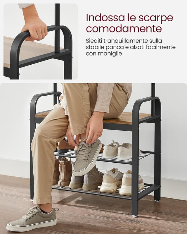 Detalle 2 de VASAGLE Appendiabiti con scarpiera e panca HSR040B41, 4 in 1 per ingresso con 9 ganci rimovibili