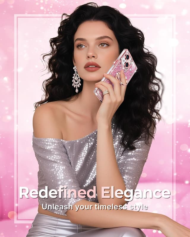 Detalle 1 de XYZ Glitter Bling Case for iPhone 15 (6.1-inch) with 2-Ring Heart Stand & Lanyard, Pink