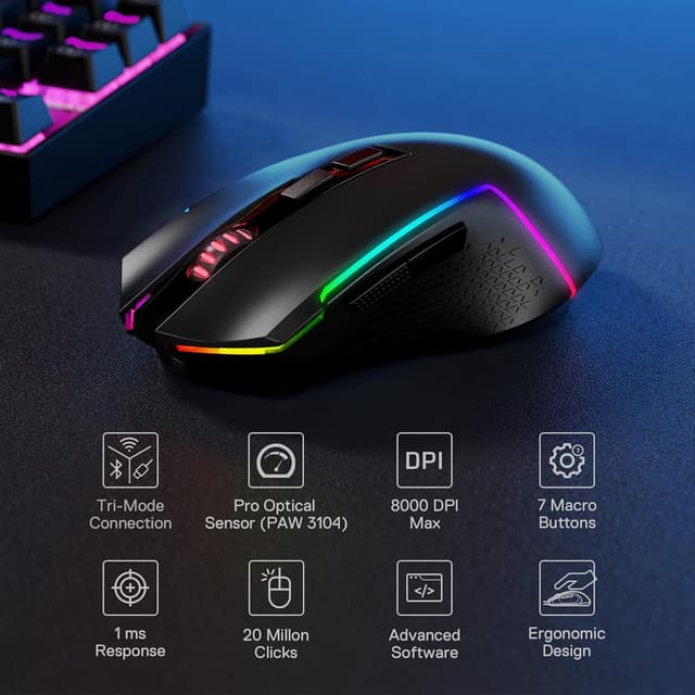Detalle de Redragon M693 Wireless Gaming Mouse (Bluetooth & 2.4G) with 8000 DPI, 7 Macro Buttons and RGB