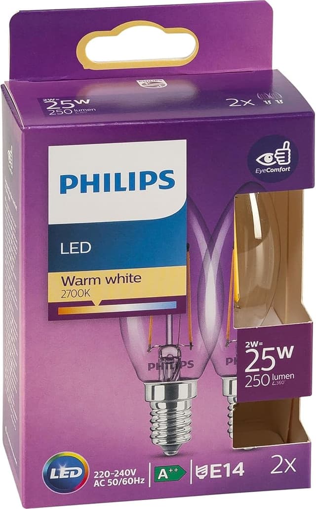 Detalle de Philips LED Classic Vela Filamento E14, 25W, Pack 2