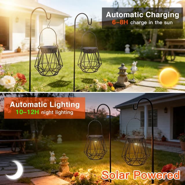 Detalle de Ketom 2 Pezzi lanterne solari da esterno in metallo IP65, luce bianco caldo – design sospeso con gabbia