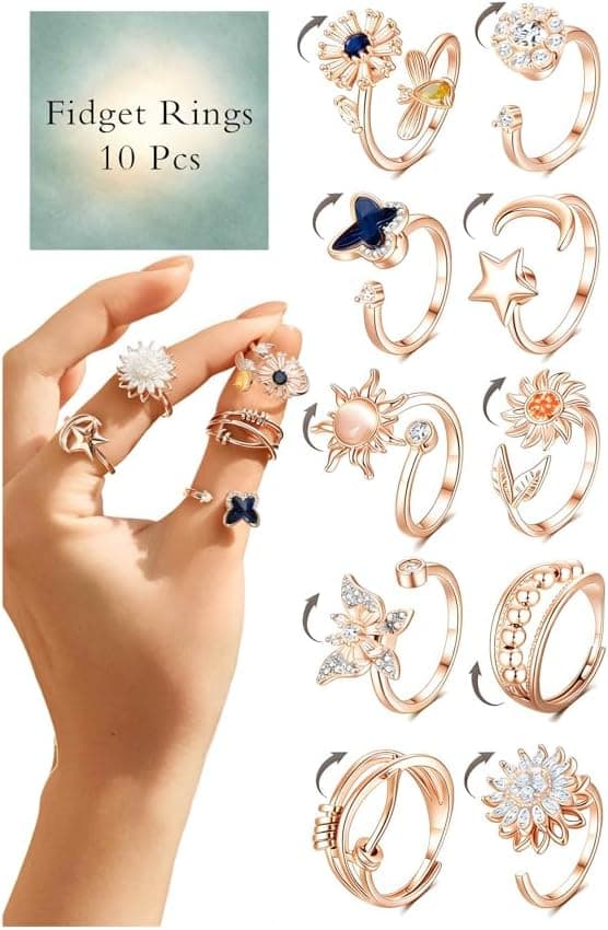 Thumbnail 6 de 10Pcs Fidget Anxiety Rings (Adjustable Spinner Rings) — Moon, Sun, Butterfly, Galaxy & More CZ Stress Relief