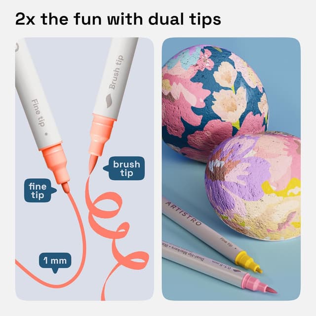 Detalle 2 de ARTISTRO 24 Acrylic Paint Pens Dual Tip (Brush & Fine) – 24 Pastel Markers for Fabric, Canvas, Rock, Glass, Wood