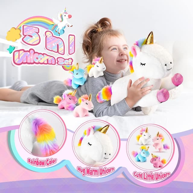 Detalle de Adeokay Einhorn Kuscheltier Geschenk-Set (Einhorn-Mama & 4 Babys) für Mädchen und Jungen von 3 bis 10 Jahren
