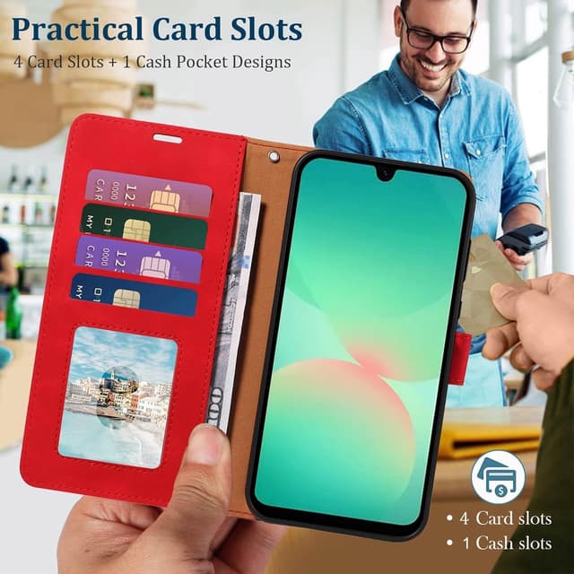 Detalle de GOTOURED Handyhülle für Samsung Galaxy A26 5G (Klapphülle, RFID-Blockierung, Handgelenksgurt, Ständer) – Rot