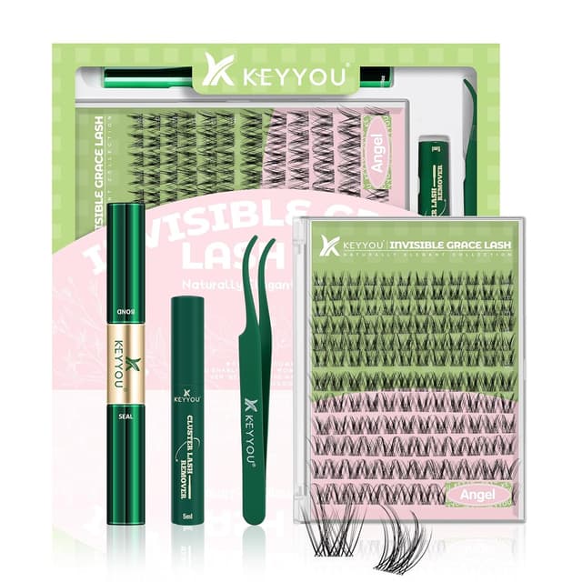 Detalle de KEYYOU Angel lash Clusters Kit (D Curl, 144 pcs) Invisible Band Wispy Lash Extension Kit for DIY
