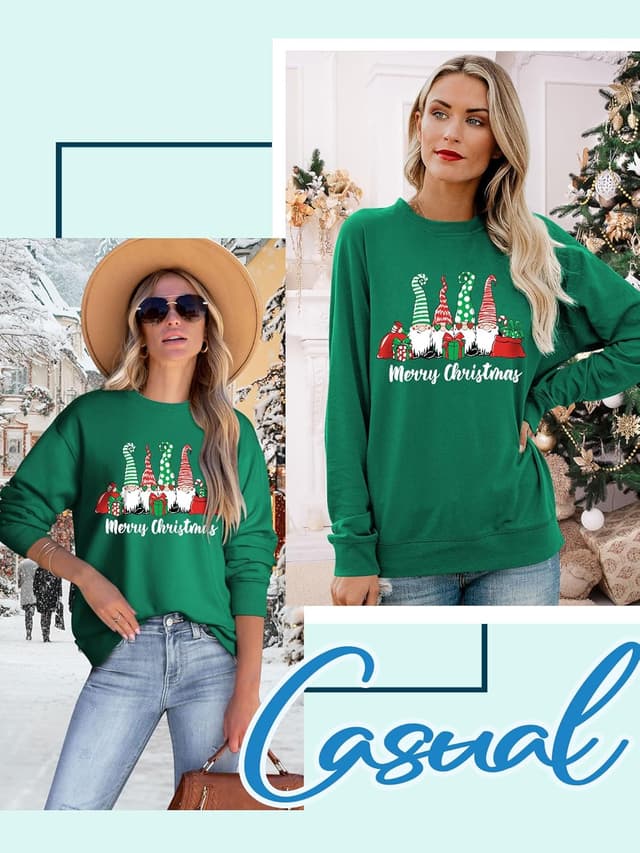 Detalle 2 de Yihelian Damen-Weihnachtssweatshirt mit 3 Wichtel-Print – Rundhalsausschnitt