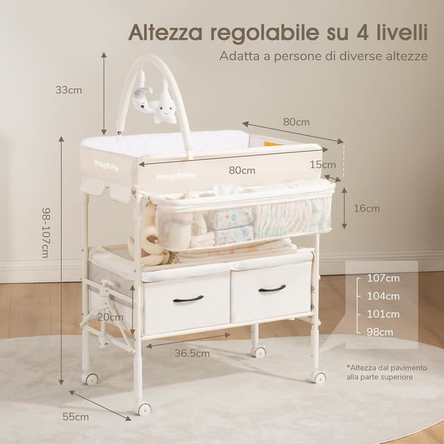 Detalle de Maydolly Fasciatoio portatile e pieghevole per neonato con altezza regolabile e materassino impermeabile – Beige