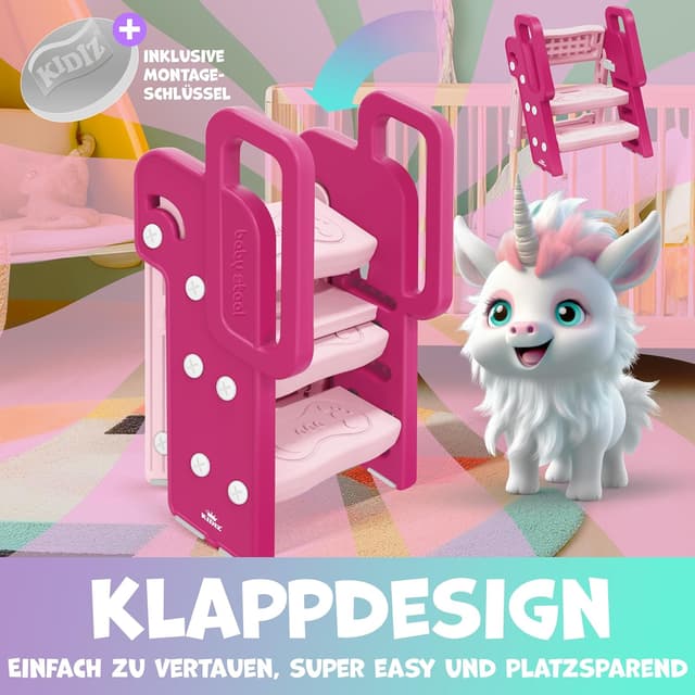 Detalle de KIDIZ Tritthocker für Kinder (klappbar, 3 Stufen) – faltbarer Lern-Turm für 18 Monate bis 6 Jahre, höhenverstellbar, rutschfest, Rosa
