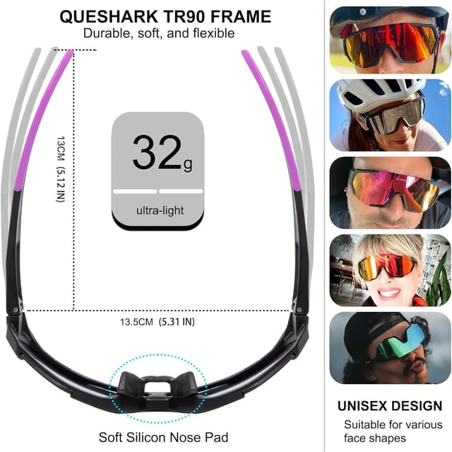 Detalle de Queshark Occhiali Veloci – Occhiali da ciclismo uomo e donna leggeri TR90 con protezione UV400