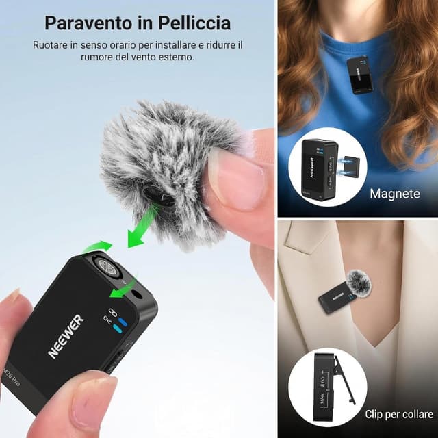 Detalle 2 de NEEWER CM26 Pro microfono wireless AI per iPhone, Android, fotocamera e PC (lavalier)