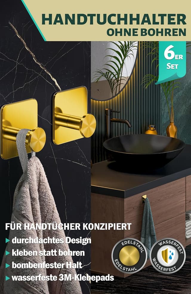 Detalle de Menz Handtuchhalter ohne Bohren (Golden) – 6 selbstklebende Klebehaken aus V2A, bis 10 kg