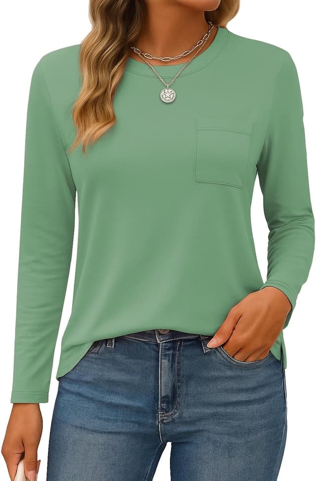 Detalle de SMENG Long Sleeve T-Shirts for Women – Crew Neck Pocket Tee with Split Hem
