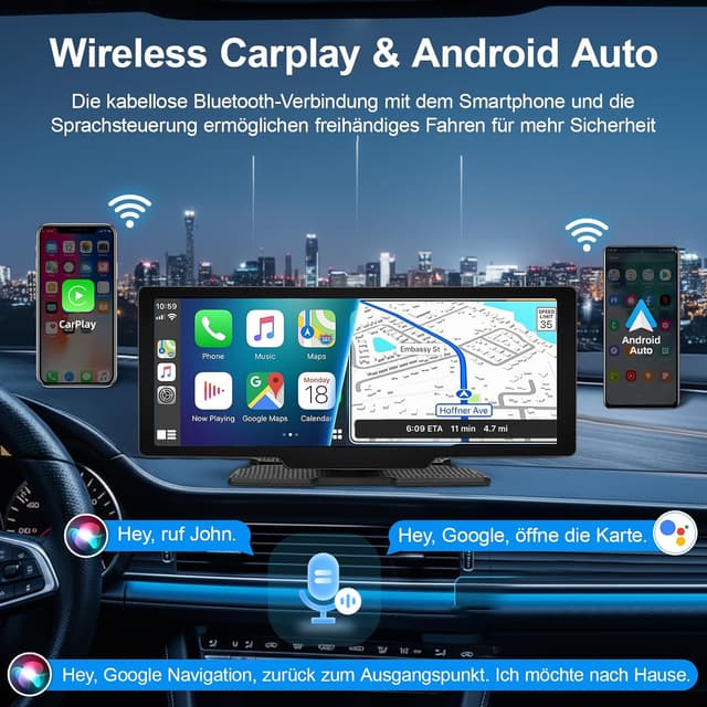 Detalle 2 de 10,26-Zoll Wireless CarPlay/Android Auto Display mit 4K Dashcam & Rückfahrkamera, Bluetooth, Split Screen und FM/AUX
