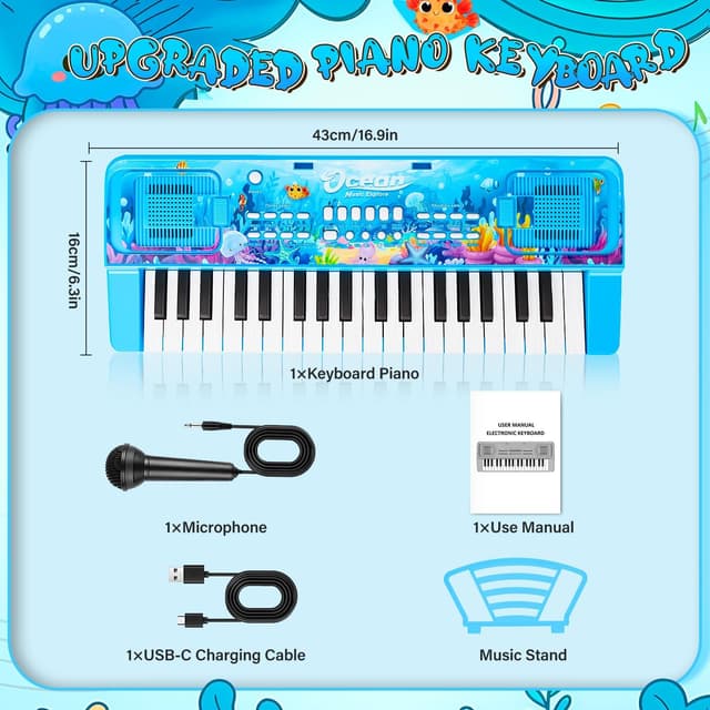 Thumbnail 6 de 37 Key Upgrade Kids Piano Keyboard with Microphone (Ocean Blue) – Portable Electronic Toy for Ages 3–5 and up