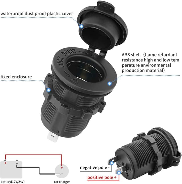 Detalle 2 de Enisina wasserdichte 12V/24V Zigarettenanzünder-Steckdose (Marine Grade) mit 0,6 m Anschlusskabel