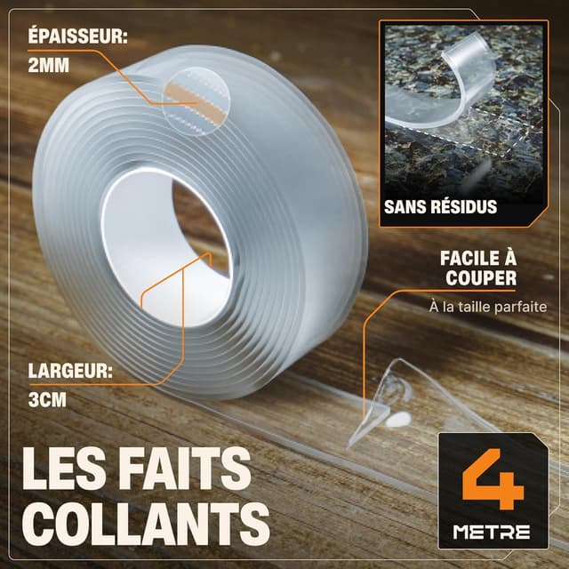 Detalle de BAURIX Ruban adhésif double face transparent extra fort, 2 × 4 m